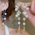 Light Luxury French Court Style Earrings With Silver Pins, Rhinestone Diamond Faux Pearl Teardrop Pendants view 1
