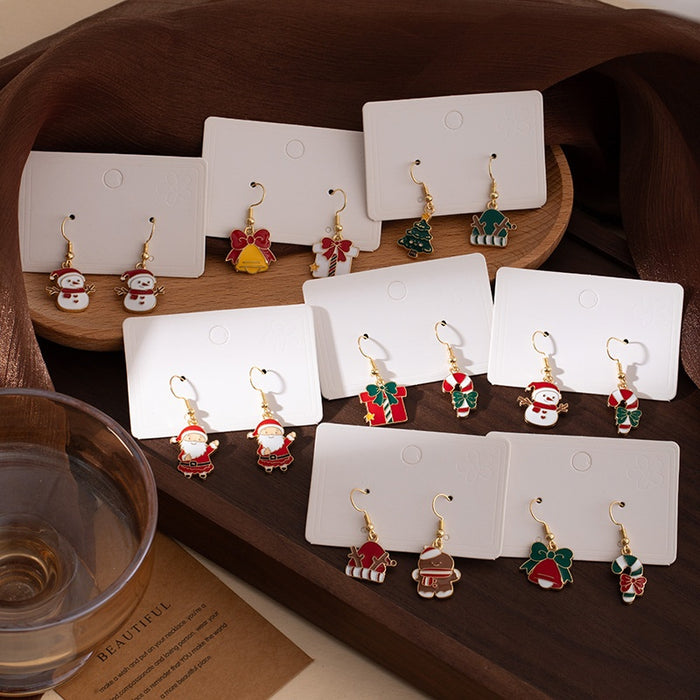 Cute Christmas Santa Snowman Candy Cane Gift Asymmetric Enamel Alloy Holiday Dangle Earrings