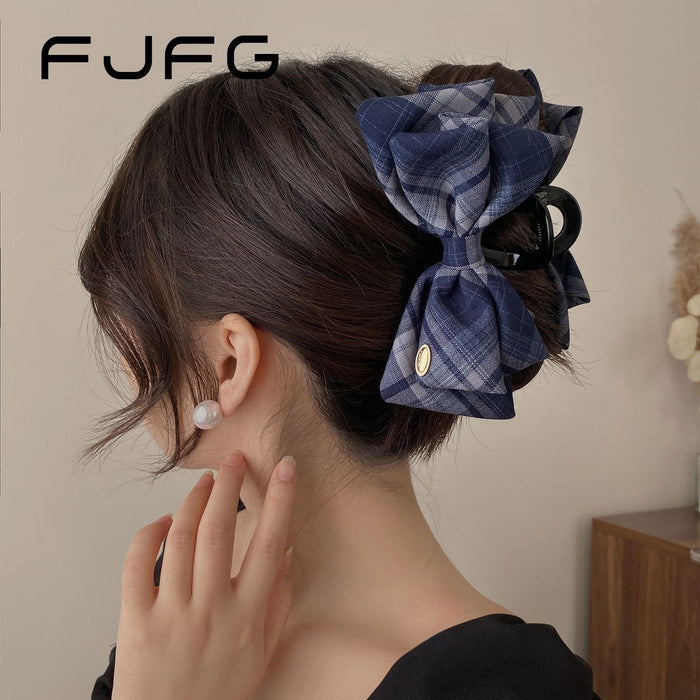 Plaid Fabric Bow Claw Clip For Ponytail Updos