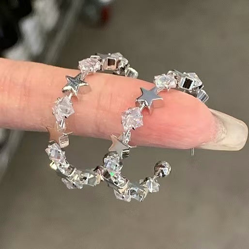 Light Luxury Zircon Star Geometric C Shape Hoop Earrings With Silver Posts For Women