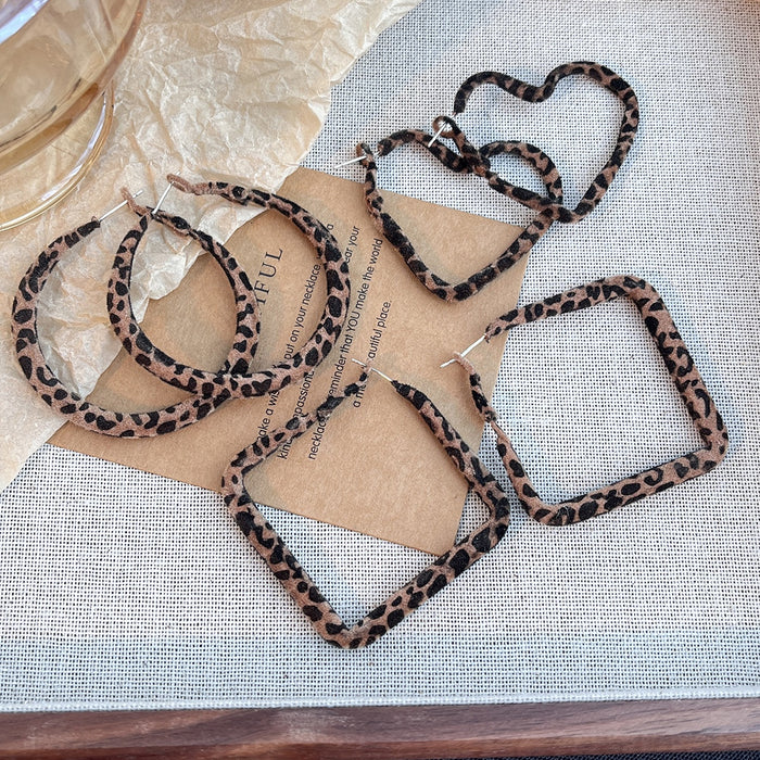 Vintage Leopard Print Geometric Heart Circle Square Alloy Hoop Exaggerated Statement Fashion Earrings