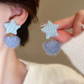 Plush Plaid Star And Round Ball Pendant Drop Earrings Vacation Style Silver Needle Jewelry view 3