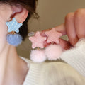 Plush Plaid Star And Round Ball Pendant Drop Earrings Vacation Style Silver Needle Jewelry view 1