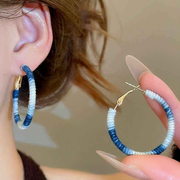 Cotton Thread Wrapped Geometric Circle Pendant Hoop Earrings Minimalist Silver Needle Style