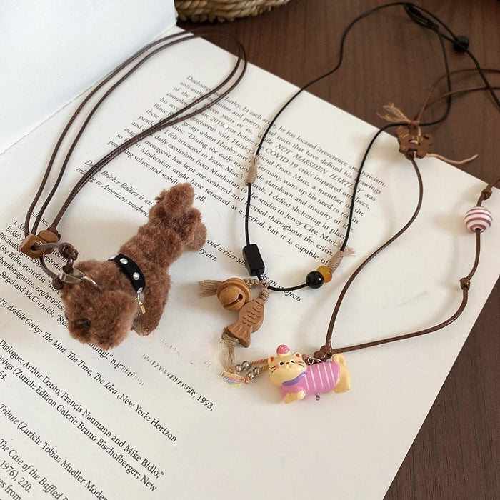 Plush Beaded Leather Dog Pendant Necklace Cute Cartoon Animal Vacation Style Collarbone Choker