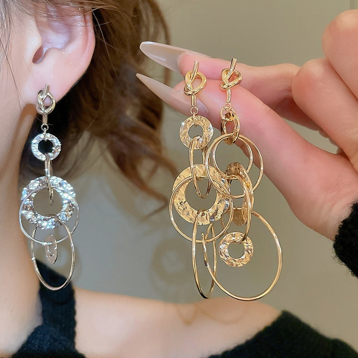 European Style Copper Knotted Round Pleated Metal Tassel Drop Earrings With Silver Pins For Women