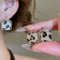 18K Gold Plated Copper Heart Square Leopard Print Stud Earrings For Women Maillard Style view 2