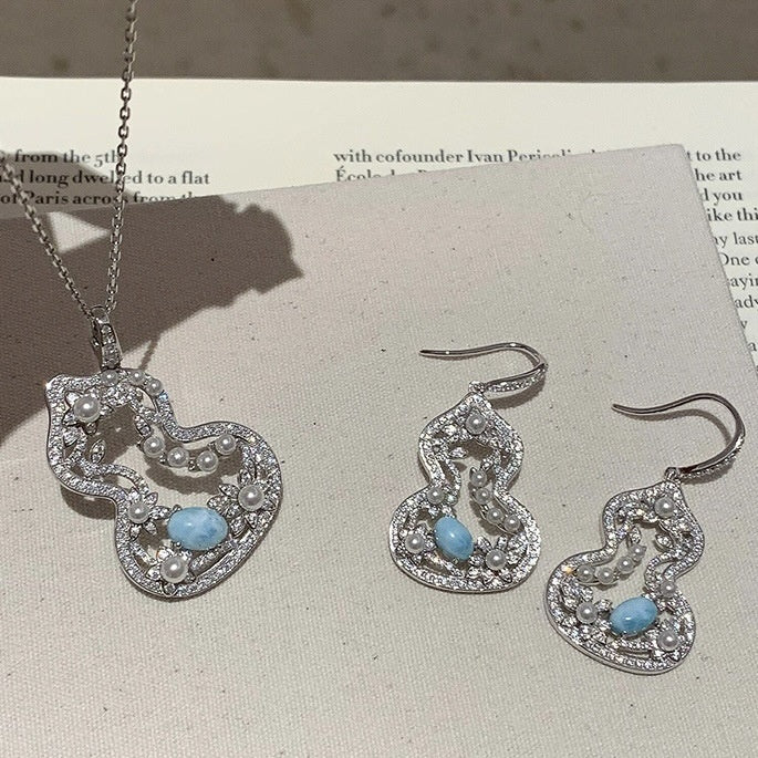 Light Luxury Faux Pearl Zircon Flower Gourd Pendant Necklace And Earrings Jewelry Set