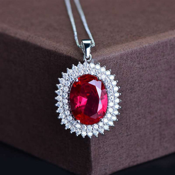 European Court Style Red Ruby Necklace For Women Sunflower Oval Pendant Choker Jewelry