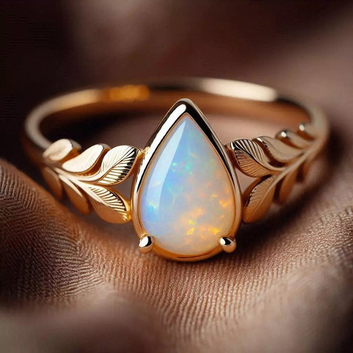 Korean Minimalist Water Drop Leaf Ring For Women French Style Faux Opal Stackable Jewelry