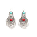 Vintage Bohemian Ethnic Alloy Turquoise Stone Ornate Filigree Long Tassel Statement Dangle Earrings view 5