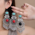 Vintage Bohemian Ethnic Alloy Turquoise Stone Ornate Filigree Long Tassel Statement Dangle Earrings view 1