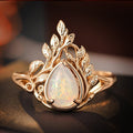 Women Water Drop Leaf Imitation Opal Ring Maillard Style Metal Jewelry view 2