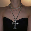 Light Luxury Alloy Rhinestone Pearl Beaded Cross Pendant Sweater Necklace For Women view 1