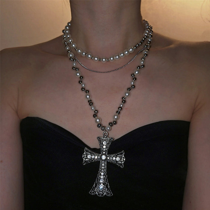 Light Luxury Alloy Rhinestone Pearl Beaded Cross Pendant Sweater Necklace For Women