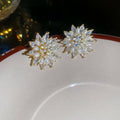 18K Gold Plated Silver Post Zircon Faux Pearl Flower Stud Earrings For Women Light Luxury Elegant Jewelry view 3