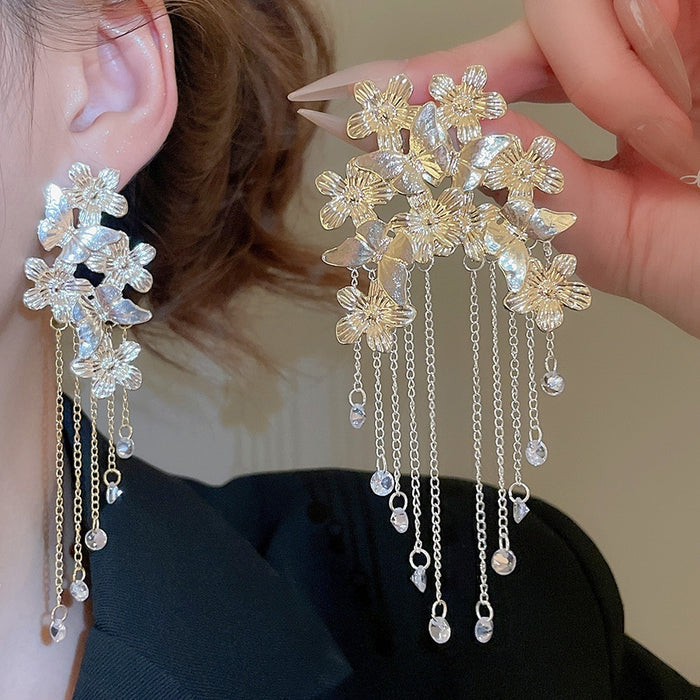 French Palace Style Alloy Butterfly Flower Chain Tassel Crystal Drop Earrings
