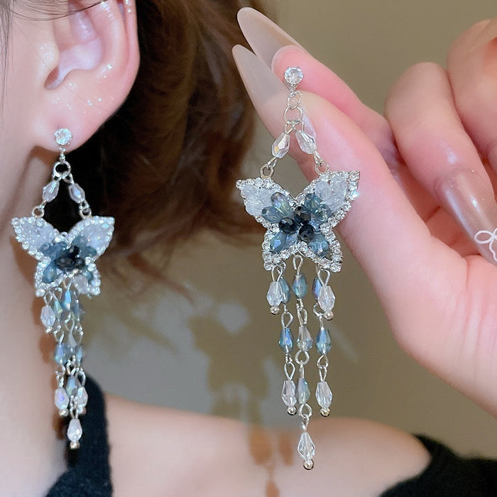 Sparkling Crystal Butterfly Tassel Drop Earrings With Silver Needle Posts, Light Luxury Style