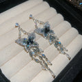 Sparkling Crystal Butterfly Tassel Drop Earrings With Silver Needle Posts, Light Luxury Style view 4