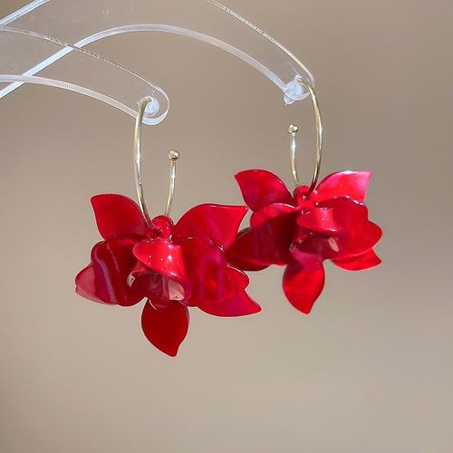 Vacation Style Resin Flower Geometric C Shape Pendant Hoop Earrings With Silver Posts