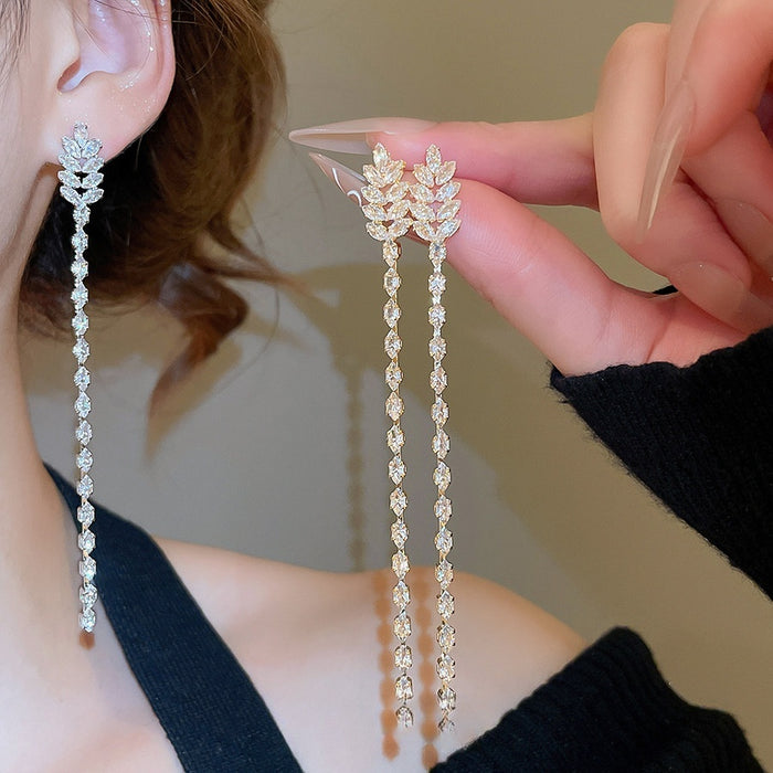 18K Gold Plated Zircon Oval Chain Tassel Drop Earrings With Silver Posts Light Luxury Jewelry