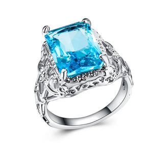 Silver-Tone Aqua Rectangular Ring With Ornate Crystal Setting