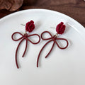 Flocked Rose Flower Bow Stud Earrings For Women Sweet Vacation Style Silver Needle Jewelry view 4
