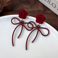 Flocked Rose Flower Bow Stud Earrings For Women Sweet Vacation Style Silver Needle Jewelry view 3