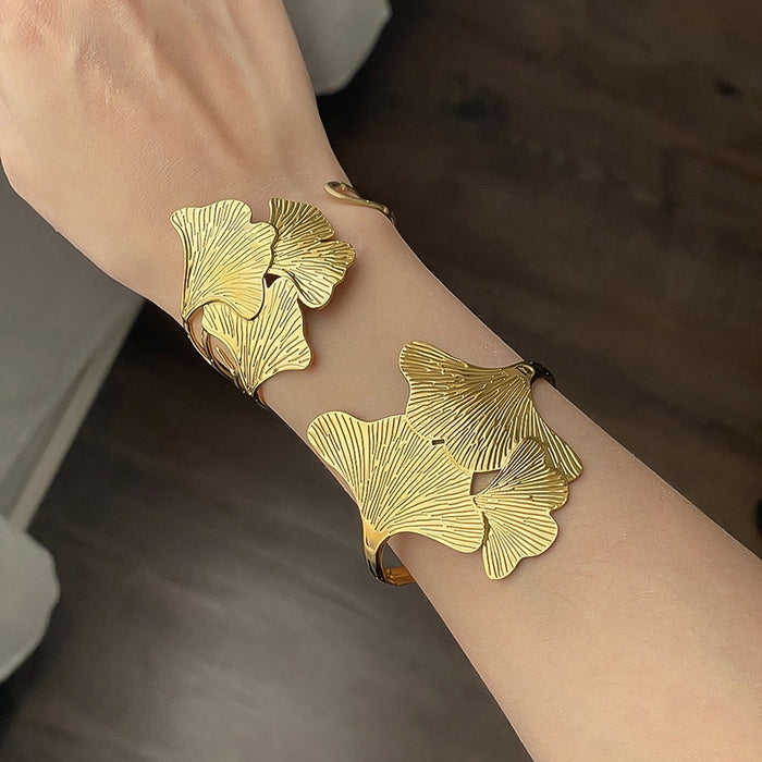 Stainless Steel Ginkgo Leaf Open Bangle For Women Minimalist European Style Jewelry