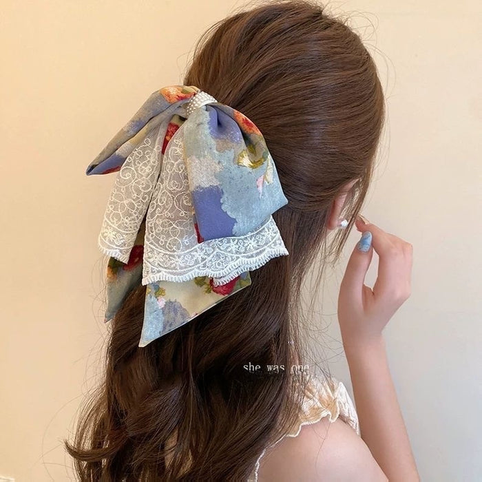 Lace Bow Claw Clip With Oil Painting Style