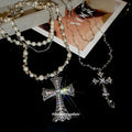 Light Luxury Glass Crystal Rhinestone Beaded Geometric Cross Multi Layer Sweater Necklace view 2