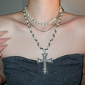Light Luxury Glass Crystal Rhinestone Beaded Geometric Cross Multi Layer Sweater Necklace view 3