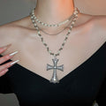 Light Luxury Glass Crystal Rhinestone Beaded Geometric Cross Multi Layer Sweater Necklace view 1