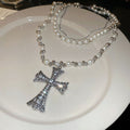 Light Luxury Glass Crystal Rhinestone Beaded Geometric Cross Multi Layer Sweater Necklace view 4