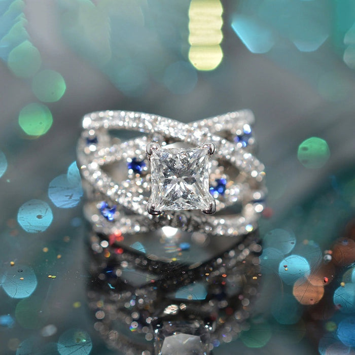 Luxury Square Cross Line Ring For Women With Faux Sapphire, Elegant Statement Jewelry Accessory