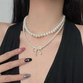 Sparkling Zircon Faux Pearl Beaded Bow Sweater Necklace Elegant Light Luxury Choker For Women view 1