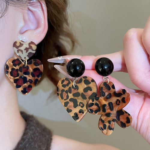 Acrylic Leopard Print Heart Flower Drop Earrings Maillard Style Silver Needle Statement Jewelry