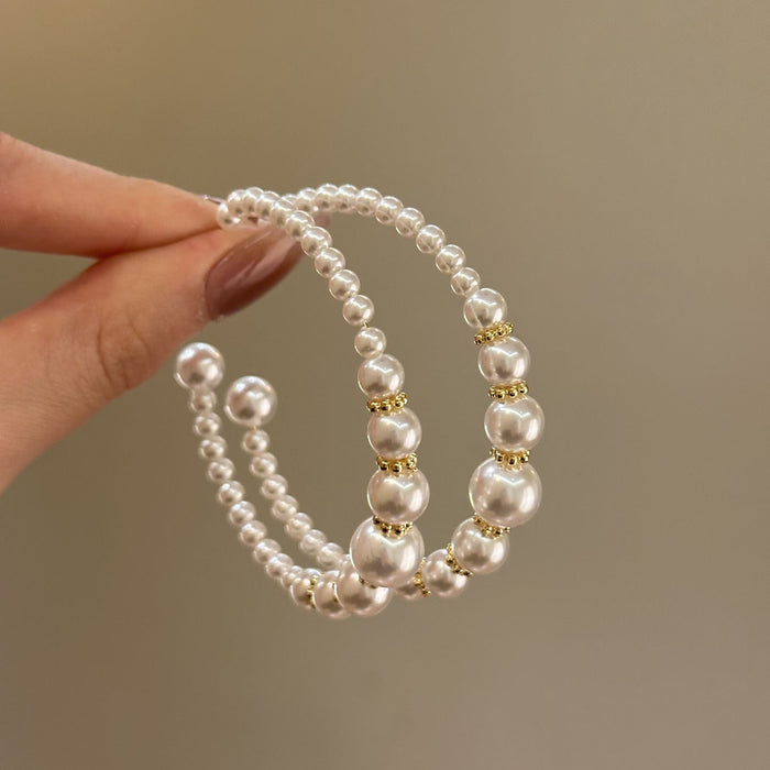 Faux Pearl Beaded Geometric C Shape Stud Earrings, French Retro Light Luxury Women's Jewelry