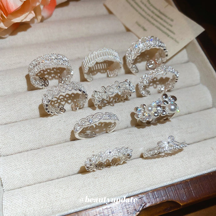 Light Luxury Copper Zircon Lace Hollow Flower Bow Geometric Ring For Women