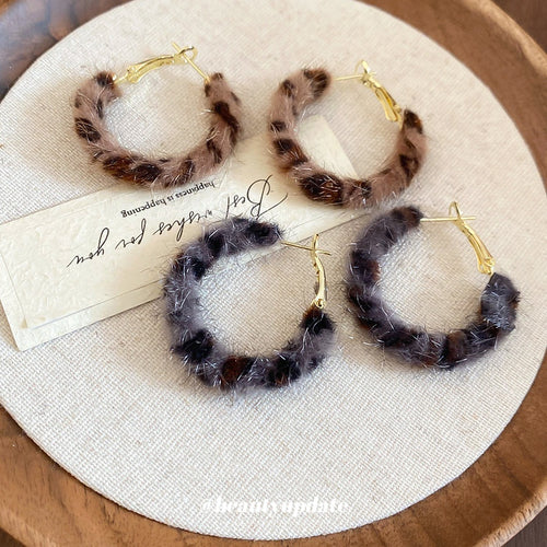 Vintage Leopard Print Geometric Round Horsehair Pendant Metal Hoop Earrings For Women