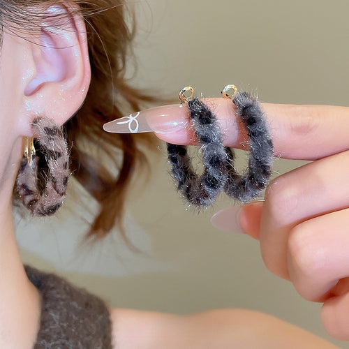 Vintage Leopard Print Geometric Round Horsehair Pendant Metal Hoop Earrings For Women