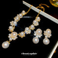 Court Style Faux Pearl Jewelry Set With Round Crystal Pendant Necklace And Silver Stud Earrings view 2