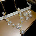 Court Style Faux Pearl Jewelry Set With Round Crystal Pendant Necklace And Silver Stud Earrings view 4