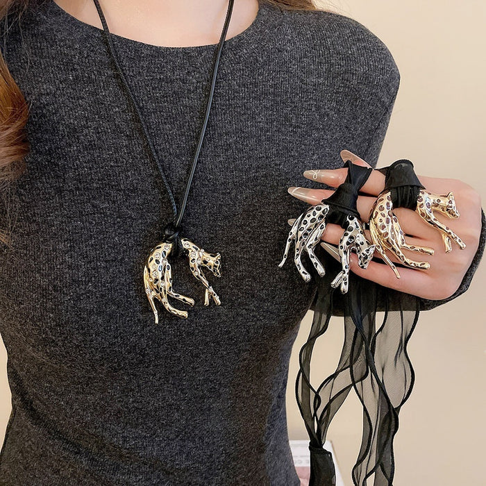 Maillard Style Alloy Leopard Pendant Sweater Necklace With Fabric Scarf Accent For Women
