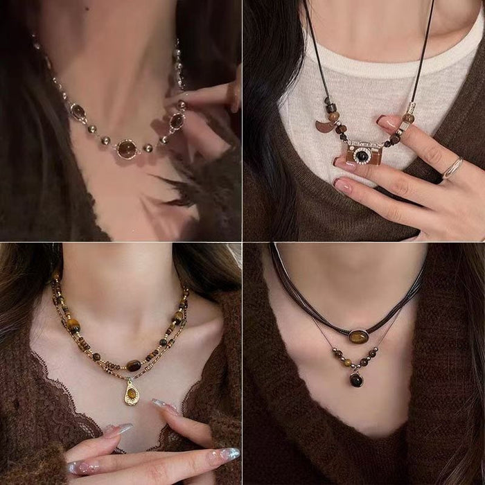 18K Gold Plated Alloy Vintage Tiger Eye Beaded Pendant Sweater Necklace For Fall Winter