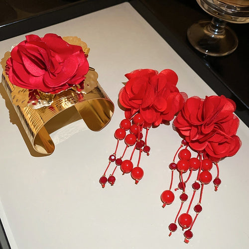 Metal And Fabric Flower Arm Cuff Bracelet Earrings Jewelry Set, Elegant Western Floral Style