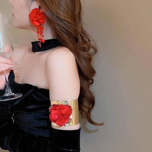 Metal And Fabric Flower Arm Cuff Bracelet Earrings Jewelry Set, Elegant Western Floral Style