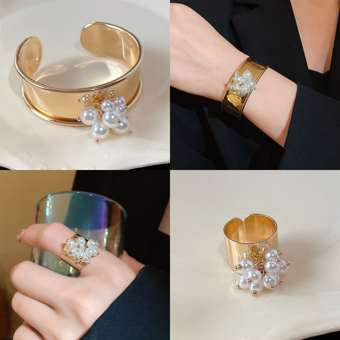 Metal Pearl Flower Open Wide Band Ring For Women