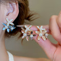 18K Gold Plated Silver Needle Faux Pearl Enamel Flower Stud Earrings Vintage Vacation Style view 1