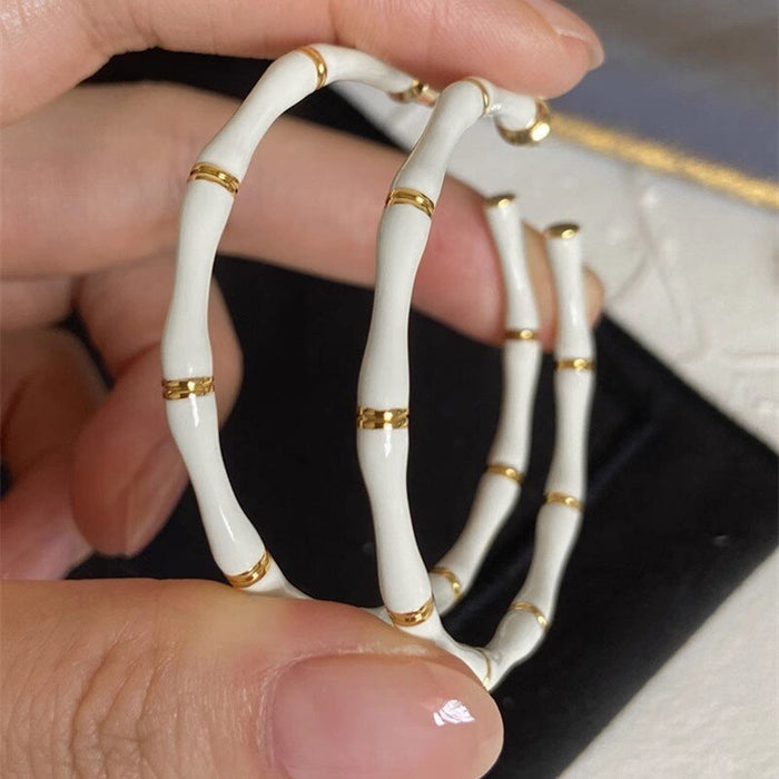 European American Style Oversized Hoop Earrings For Women With Bamboo Joint Oil Painting Design